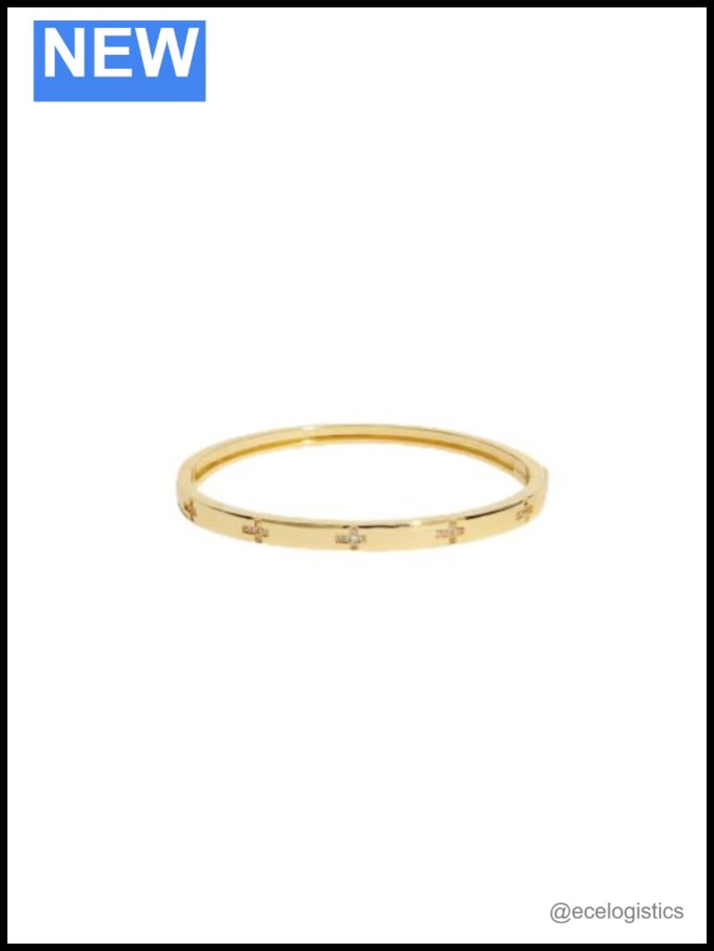 18K Gold-Plated Brass CZ Cross Hinged Bangle Bracelet Fits 6-7 In